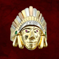 14K Tri-color Gold CZ Native Chief Ring