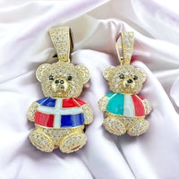 14K Yellow Gold 3D Teddy Bear with National Flag Pendant