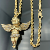 1.75” 10k Gold 3D Angel Pendant with 3MM Rope Chain Set