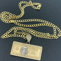 14K Yellow Gold and CZ Hundred Dollar Bill Pendant