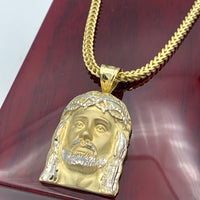 10k Yellow Gold Matte Jesus Face Pendant and 3mm Franco Chain Set
