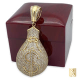 Extra Large 14k Yellow Gold 3D Iced Out Money Bag Pendant